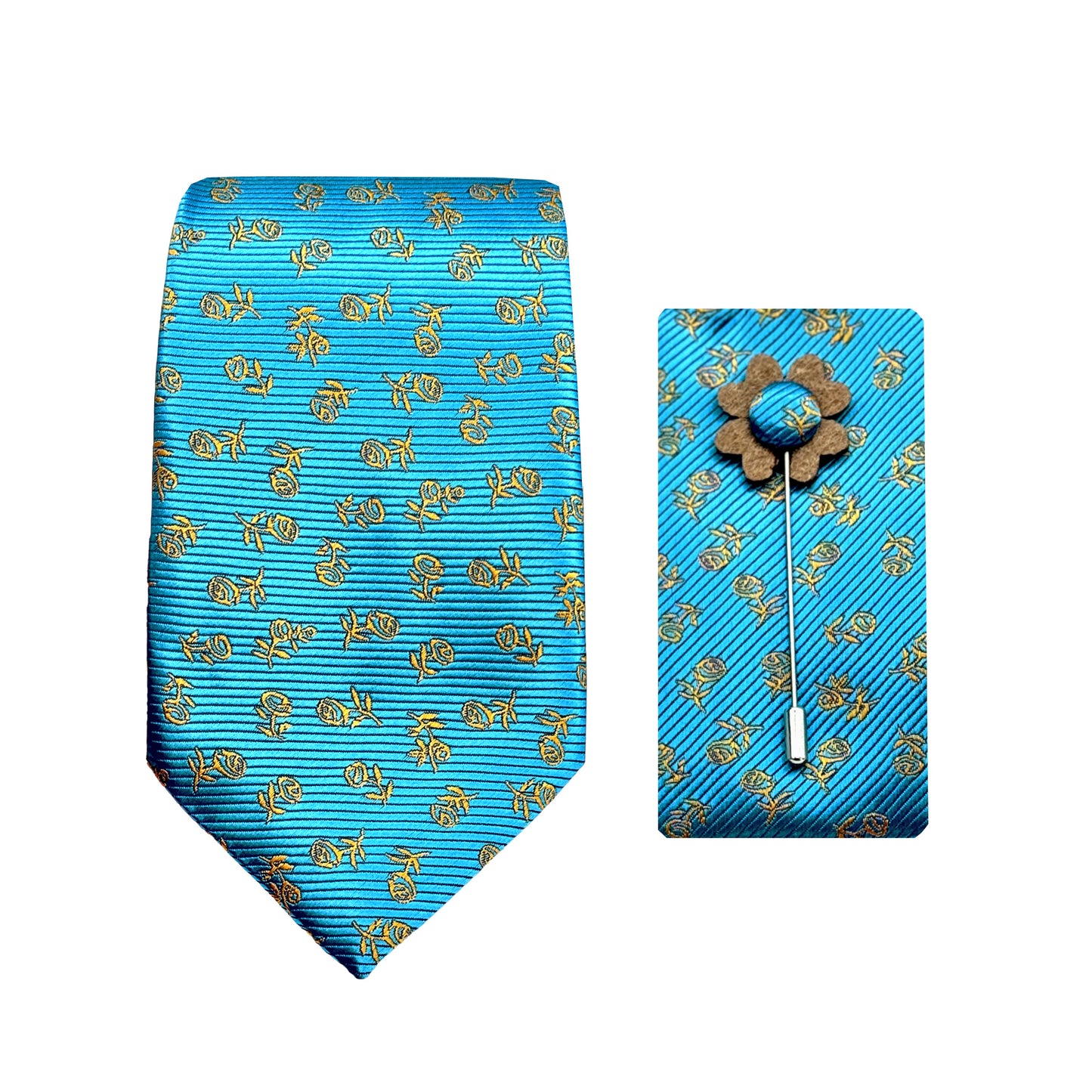 Turquoise/Gold Luxury Horizontal Twill Floral Motif Weave 7.5cm Width Tie/Pocket Square/Lapel Pin Combo Sets
