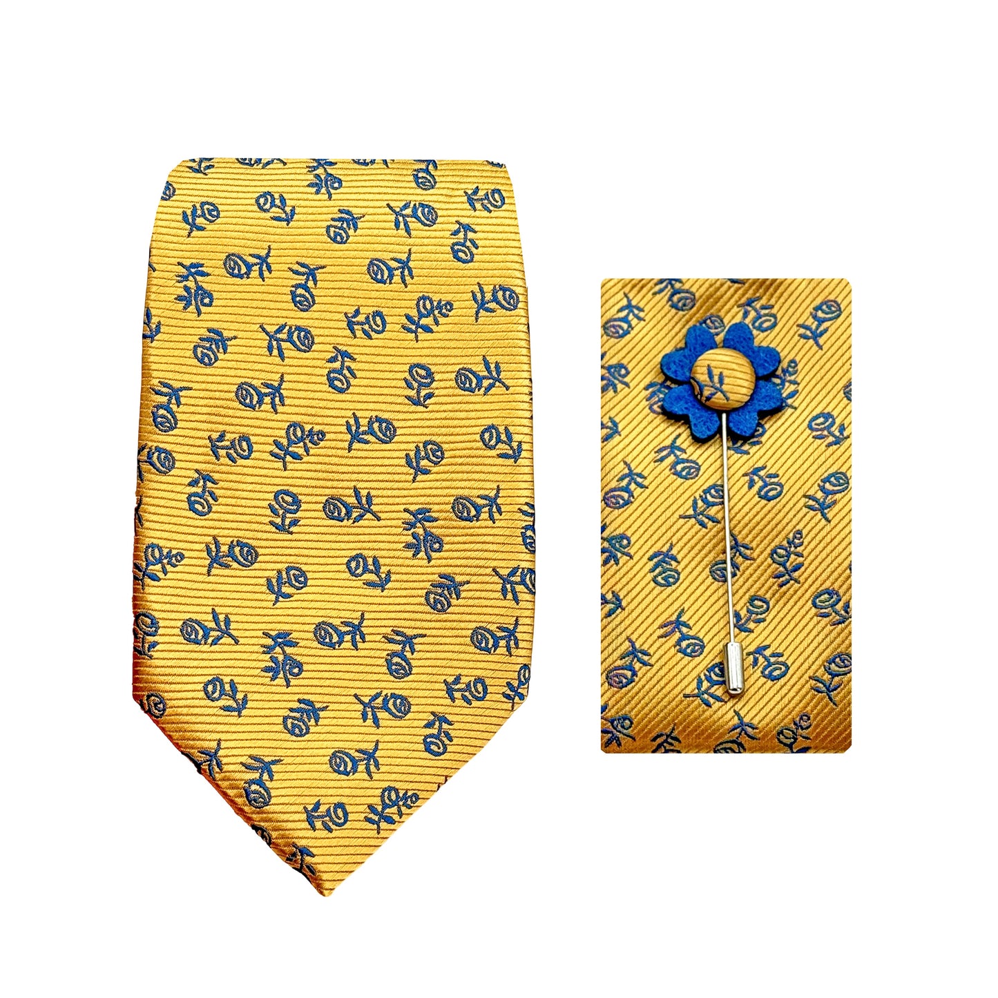 Gold/Royal Luxury Horizontal Twill Floral Motif Weave 7.5cm Width Tie/Pocket Square/Lapel Pin Combo Sets