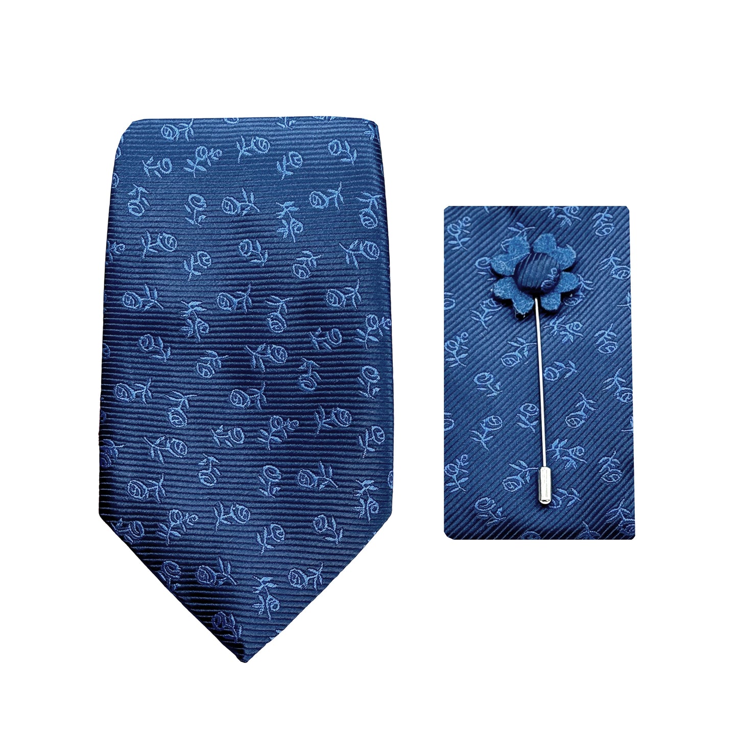 Navy/Blue Luxury Horizontal Twill Floral Motif Weave 7.5cm Width Tie/Pocket Square/Lapel Pin Combo Sets