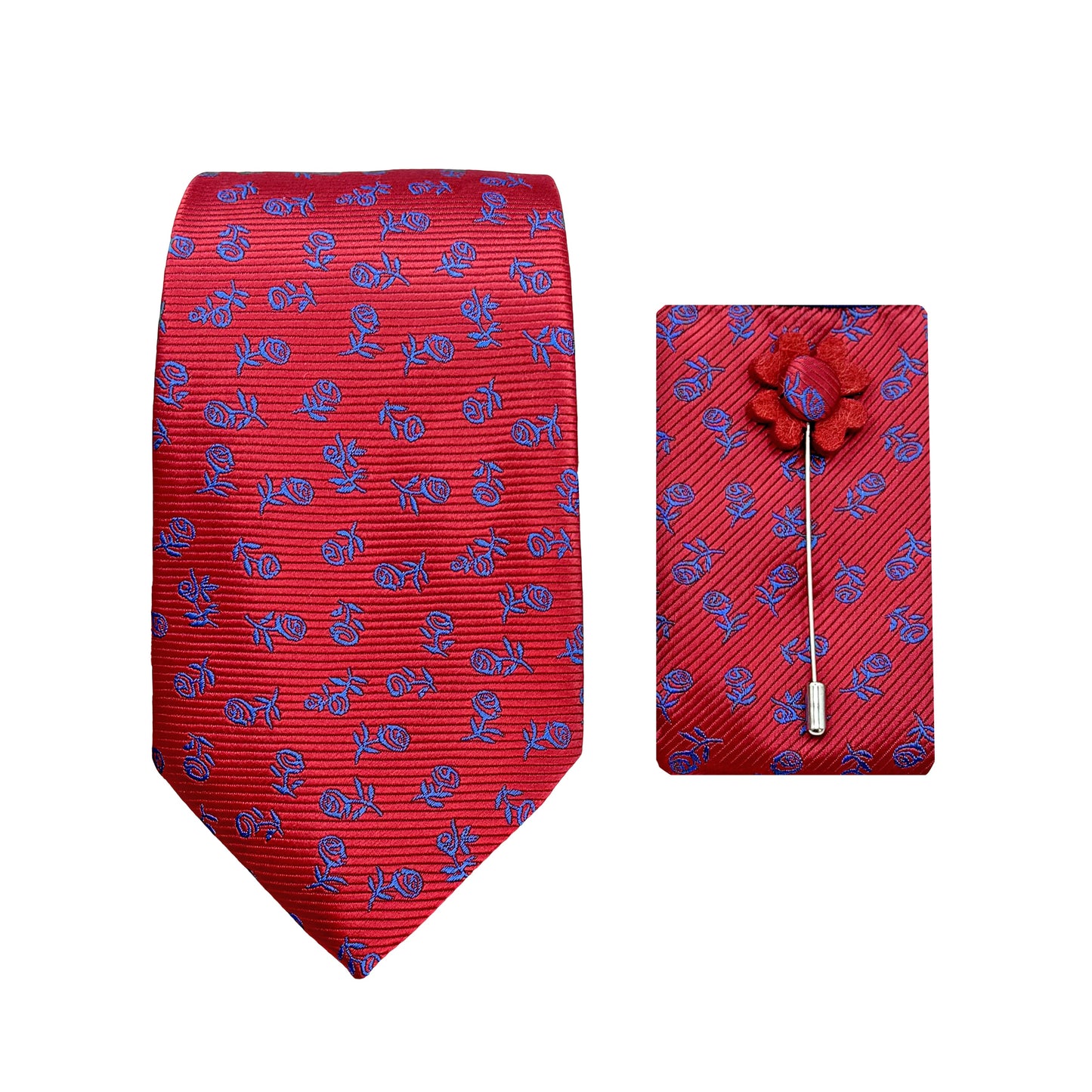 Red/Royal Luxury Horizontal Twill Floral Motif Weave 7.5cm Width Tie/Pocket Square/Lapel Pin Combo Sets
