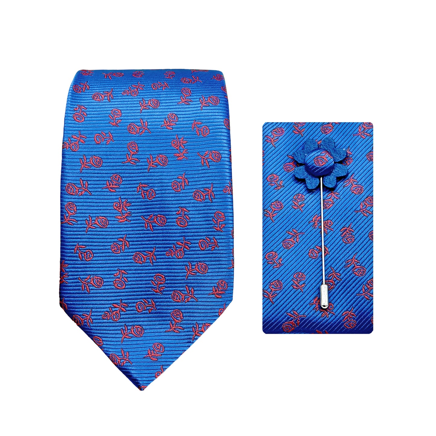 Royal Blue/Red Luxury Horizontal Twill Floral Motif Weave 7.5cm Width Tie/Pocket Square/Lapel Pin Combo Sets