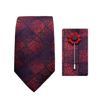 Blue/Red Luxury Paisley Window Pane Check Weave 7.5cm Width Tie/Pocket Square/Lapel Pin Combo Sets