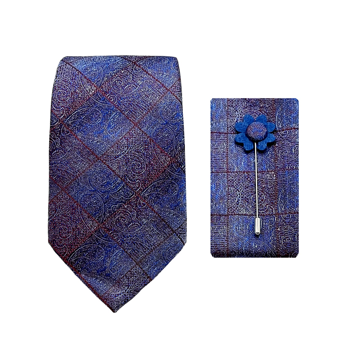 Blue/Red Luxury Paisley Window Pane Check Weave 7.5cm Width Tie/Pocket Square/Lapel Pin Combo Sets