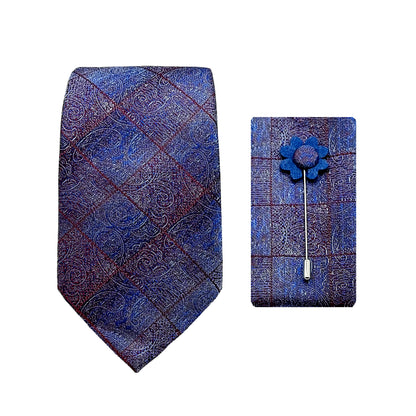 Blue/Red Luxury Paisley Window Pane Check Weave 7.5cm Width Tie/Pocket Square/Lapel Pin Combo Sets
