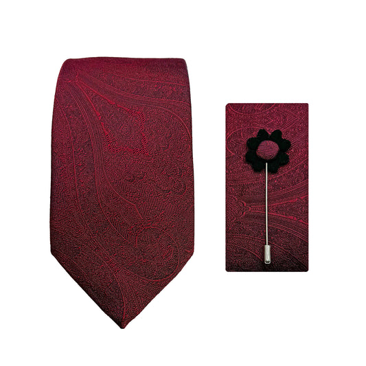 Dark Red Luxury Textured Paisley Weave 7.5cm Width Tie/Pocket Square/Lapel Pin Combo Sets