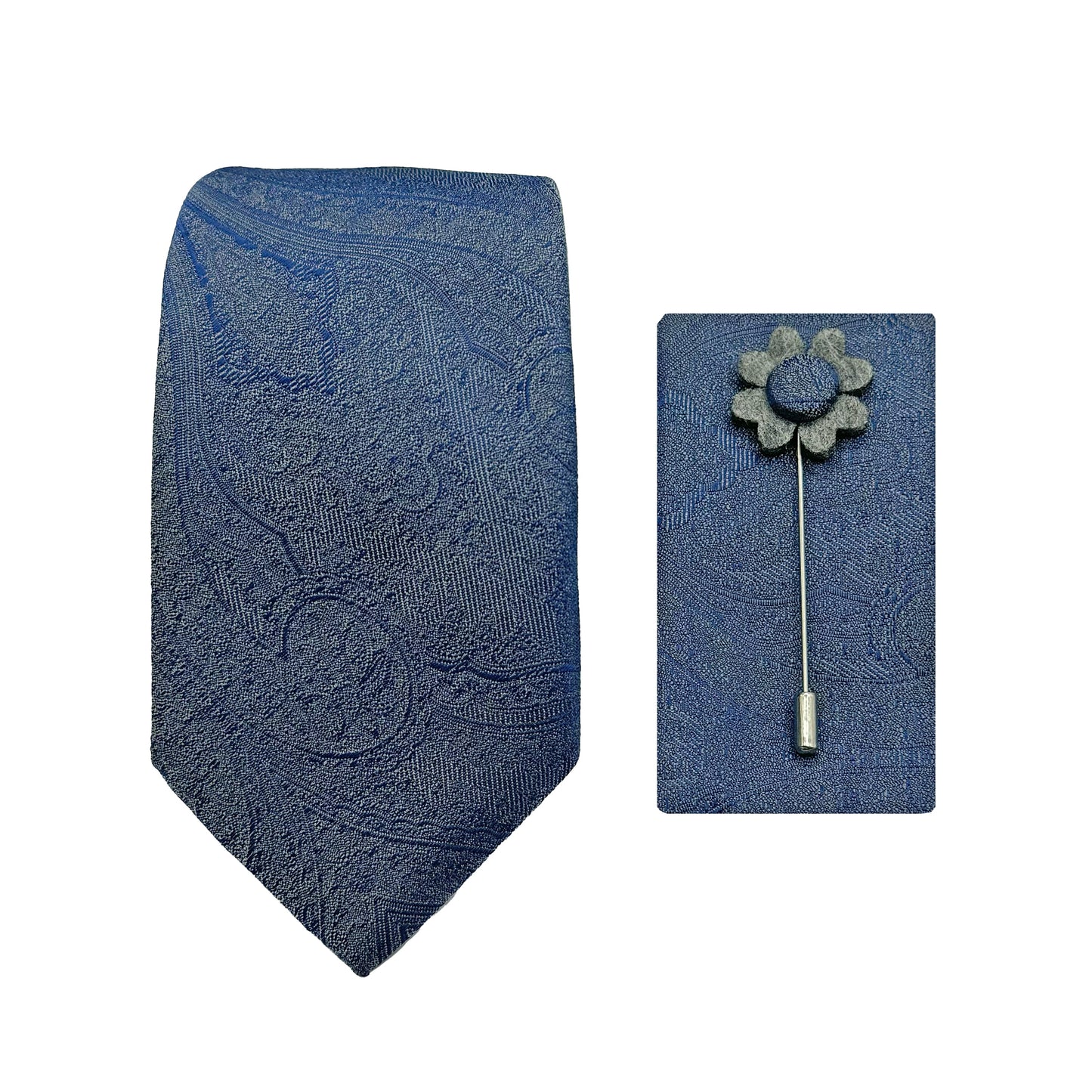Slate Blue Luxury Textured Paisley Weave 7.5cm Width Tie/Pocket Square/Lapel Pin Combo Sets