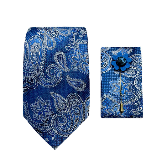 Blue Luxury Textured Paisley Weave 7.5cm Width Tie/Pocket Square/Lapel Pin Combo Sets