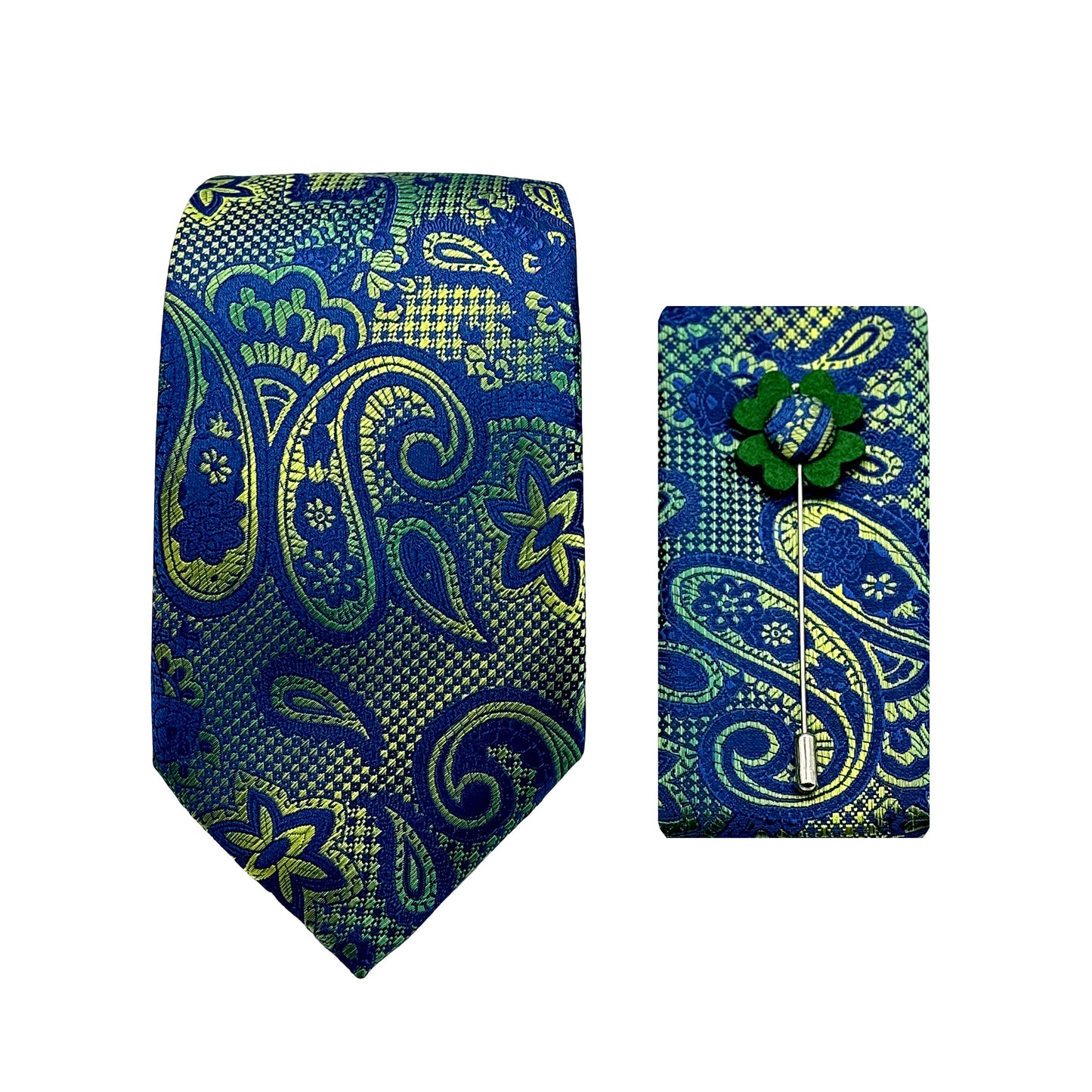 Green Luxury Textured Paisley Weave 7.5cm Width Tie/Pocket Square/Lapel Pin Combo Sets