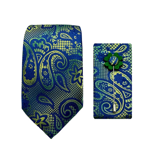 Green Luxury Textured Paisley Weave 7.5cm Width Tie/Pocket Square/Lapel Pin Combo Sets