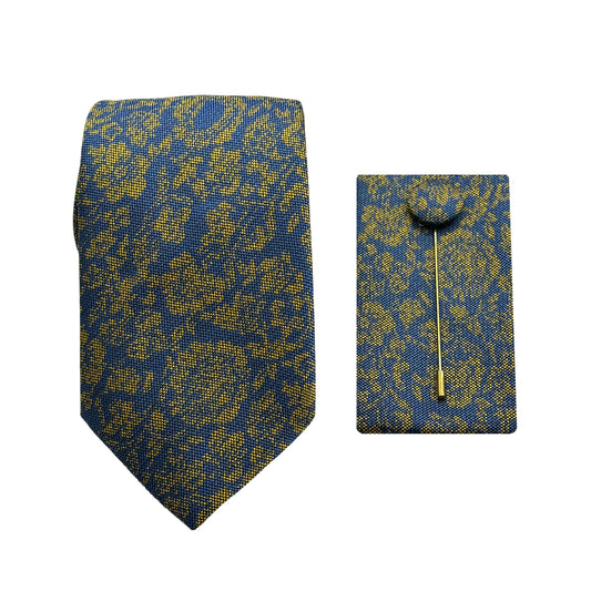 Slate Blue/Gold Luxury Textured Floral Weave 7.5cm Width Tie/Pocket Square/Lapel Pin Combo Set