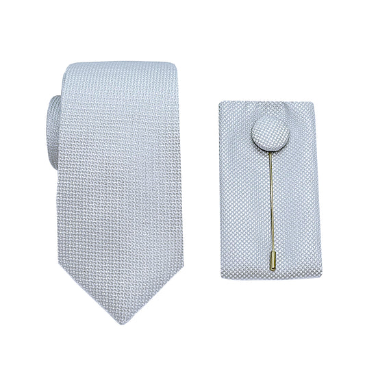 Silver Luxury Textured Weave 6.5cm Width Skinny Tie/Pocket Square/Lapel Pin Combo Set