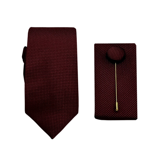 Dark Burgundy Luxury Textured Weave 6.5cm Width Skinny Tie/Pocket Square/Lapel Pin Combo Set