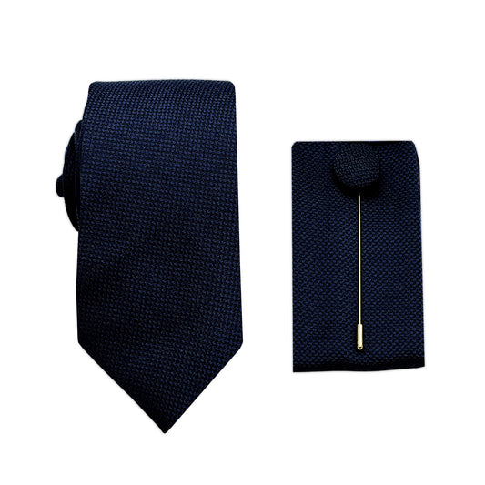 Midnight Blue Luxury Textured Weave 6.5cm Width Skinny Tie/Pocket Square/Lapel Pin Combo Set