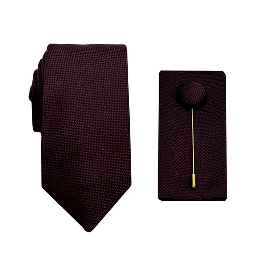 Wine Luxury Textured Weave 6.5cm Width Skinny Tie/Pocket Square/Lapel Pin Combo Set