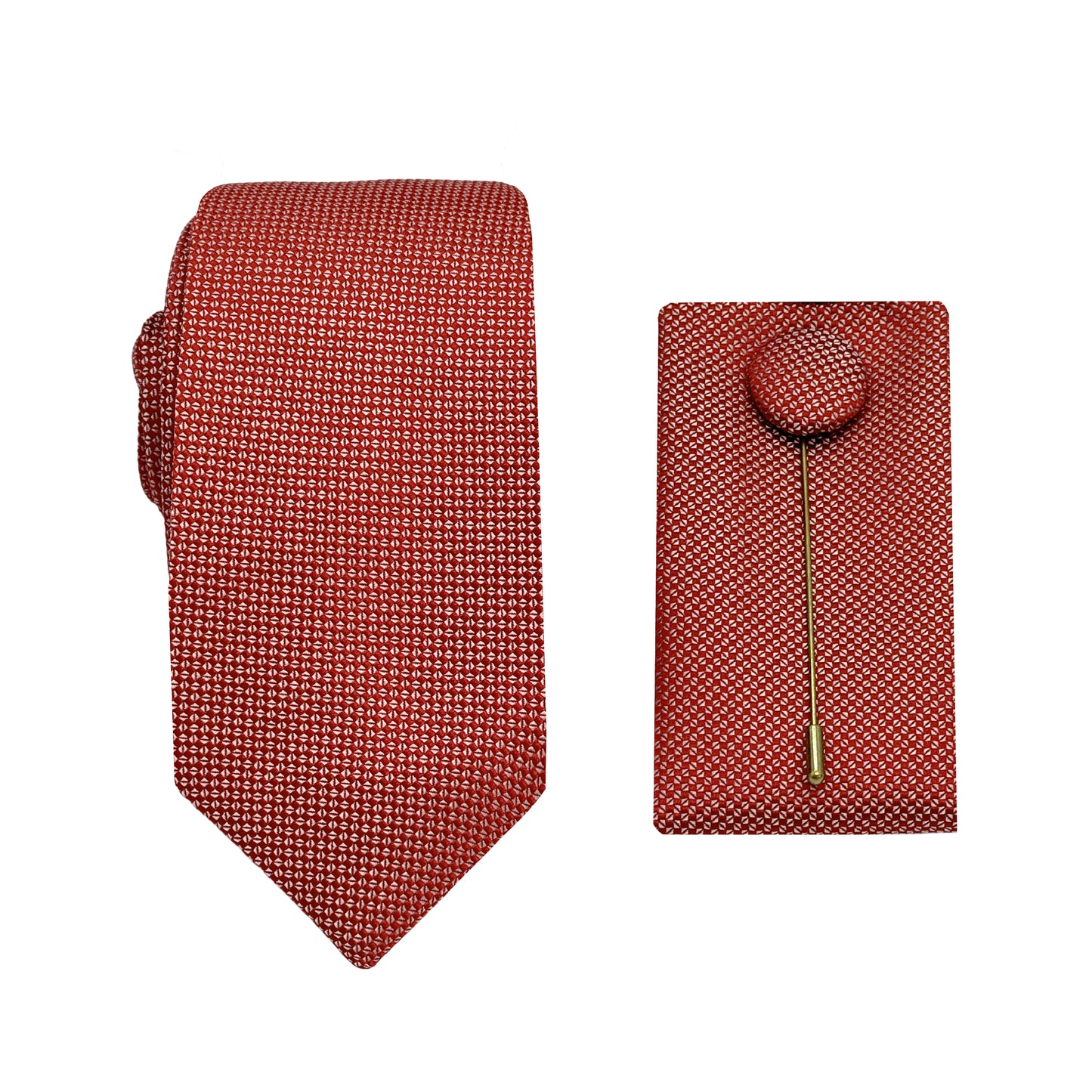 Terracotta Luxury Textured Weave 6.5cm Width Skinny Tie/Pocket Square/Lapel Pin Combo Set