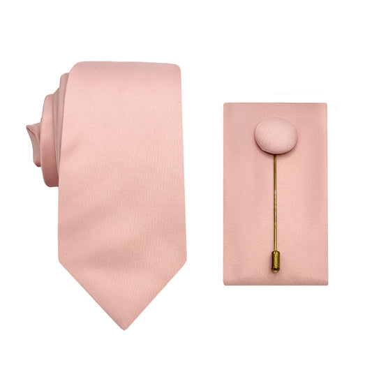 Soft Pink Luxury Satin Weave 6.5cm Skinny Tie/Pocket/Square/Lapel Pin Set