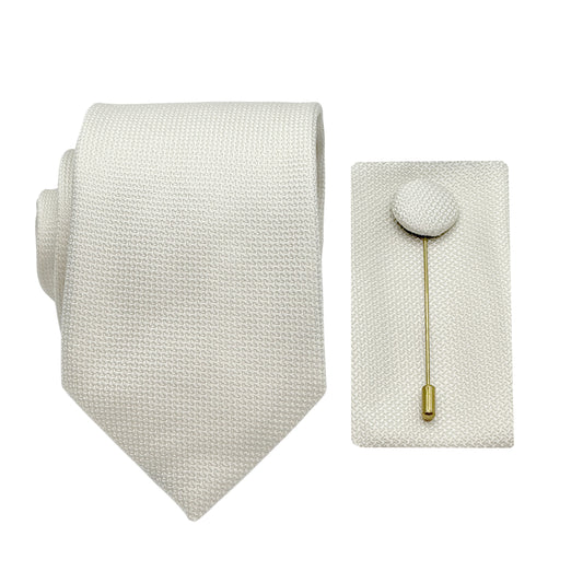 Beige Luxury Textured Weave 7.5cm Tie/Pocket Square/Lapel Pin Combo Set