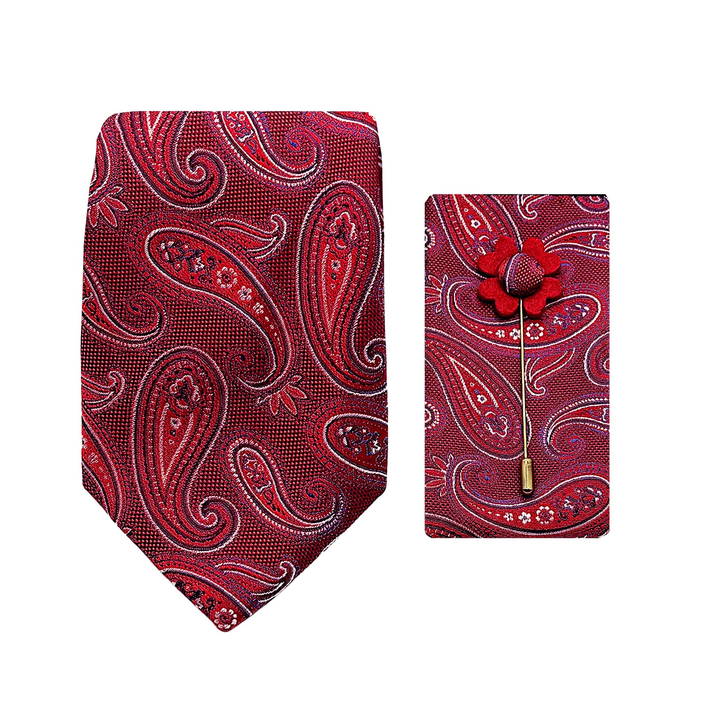 Red Luxury Textured Paisley Weave 7.5cm Width Tie/Pocket Square/Lapel Pin Combo Set