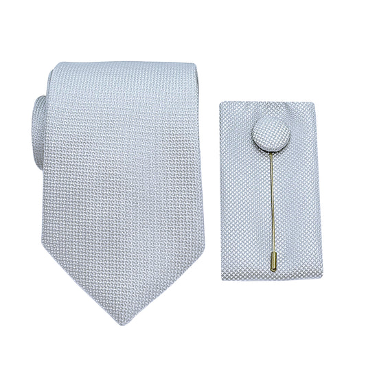 Silver Luxury Textured Weave 7.5cm Width Tie/Pocket Square/Lapel Pin Combo Set