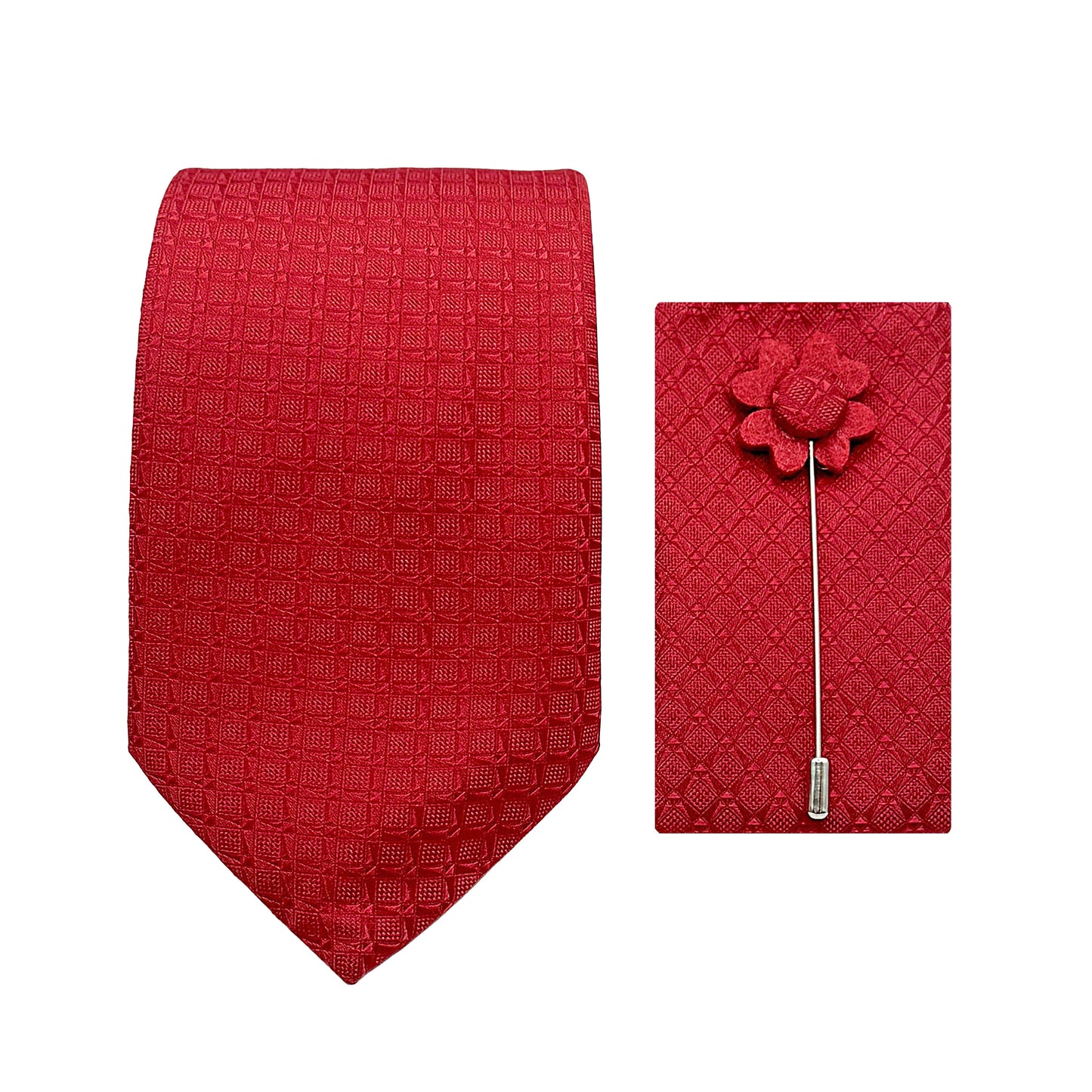 Red Luxury Subtle Tonal Geometric Weave 7.5cm Width Tie/Pocket Square/Lapel Pin Combo Set