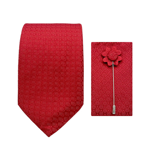 Red Luxury Subtle Tonal Geometric Weave 7.5cm Width Tie/Pocket Square/Lapel Pin Combo Set