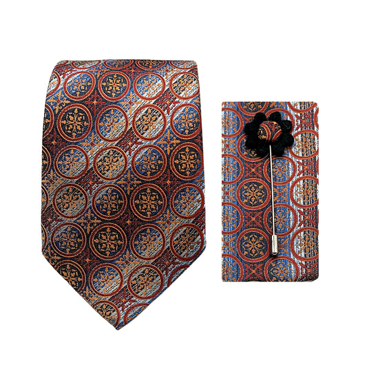 Orange Luxury Striped Geometric 7.5cm Width Tie/Pocket Square/Lapel Pin Combo Set