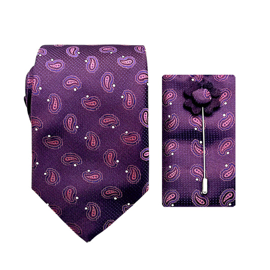 Magenta Luxury Textured Spotted Paisley 7.5cm Width Tie/Pocket Square/Lapel Pin Combo Set