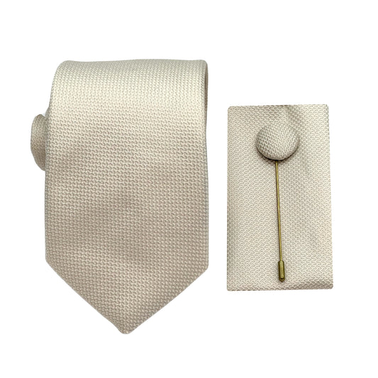 Cream Luxury Textured Weave 7.5cm Width Tie/Pocket Square/Lapel Pin Combo Set