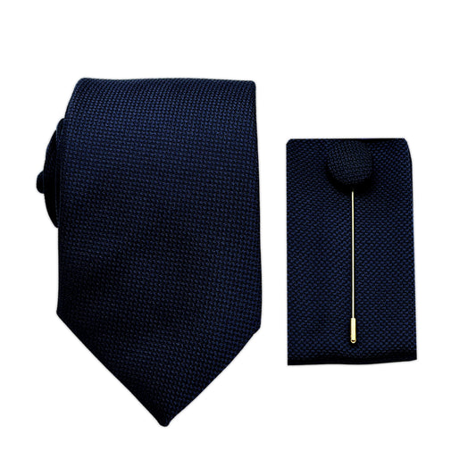 Midnight Blue Luxury Textured Weave 7.5cm Width Tie/Pocket Square/Lapel Pin Combo Set