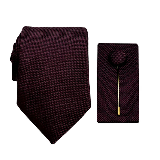 Wine Luxury Textured Weave 7.5cm Width Tie/Pocket Square/Lapel Pin Combo Set