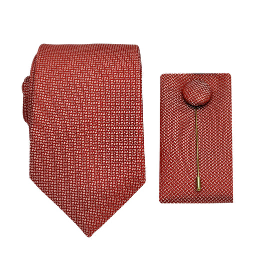 Terracotta Luxury Textured Weave 7.5cm Width Tie/Pocket Square/Lapel Pin Combo Set