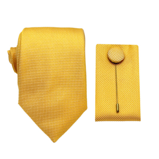 Gold Luxury Textured Weave 7.5cm Width Tie/Pocket Square/Lapel Pin Combo Set