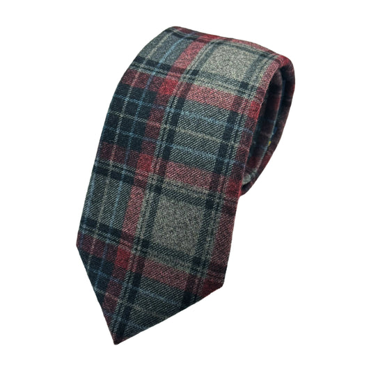 Grey/Burgundy Mens Luxury Soft Wool Effect Tartan Weave Neck Tie