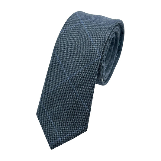 Slate Blue Mens Luxury Pure Wool Subtle Check Weave Skinny Neck Tie