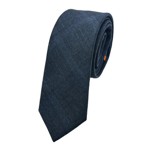 Navy Marle Mens Luxury Pure Wool Subtle Check Weave Skinny Neck Tie