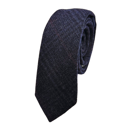 Navy Mens Luxury Pure Wool Textured Subtle Check Weave Skinny Neck Tie