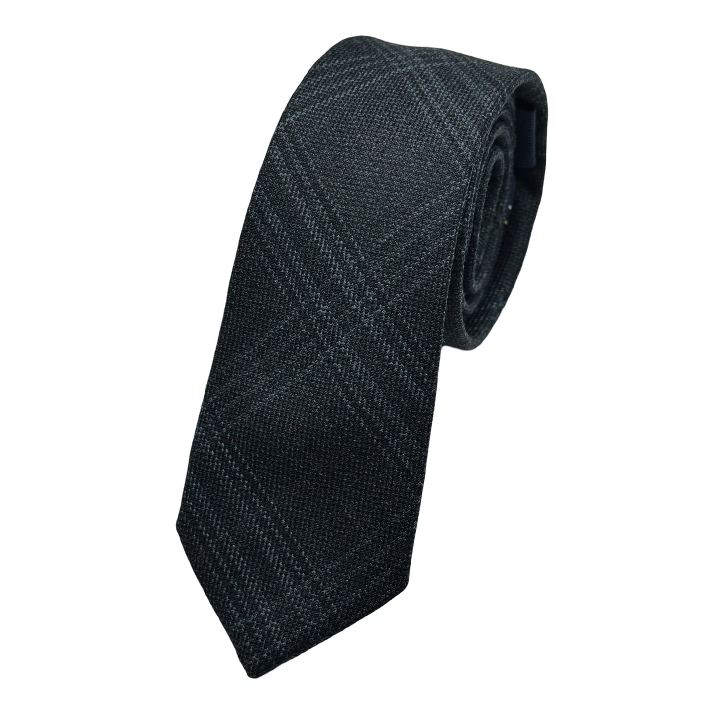 Charcoal Mens Luxury Wool Blend Textured Check Weave Skinny Neck Tie