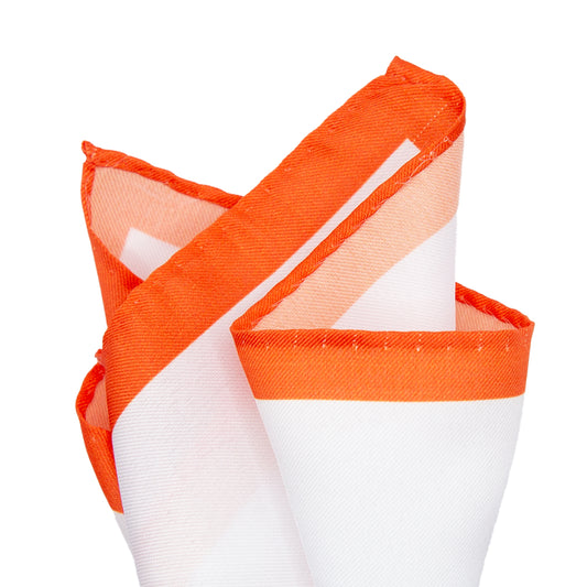 White/Orange Luxury Satin Weave Coloured Border Pocket Square