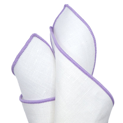 White/Lilac Luxury Coloured Border Pure Linen Weave Pocket Square