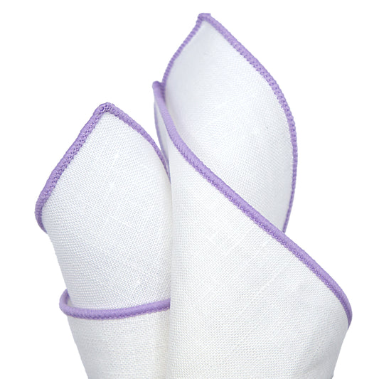 White/Lilac Luxury Coloured Border Pure Linen Weave Pocket Square