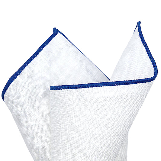 White/Royal Blue Luxury Coloured Border Pure Linen Weave Pocket Square
