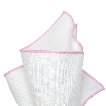 White/Soft Pink Luxury Coloured Border Pure Linen Weave Pocket Square