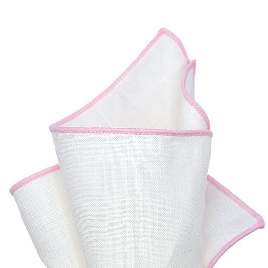 White/Soft Pink Luxury Coloured Border Pure Linen Weave Pocket Square
