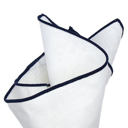 White/Navy Luxury Coloured Border Pure Linen Weave Pocket Square