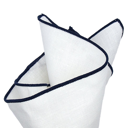 White/Navy Luxury Coloured Border Pure Linen Weave Pocket Square
