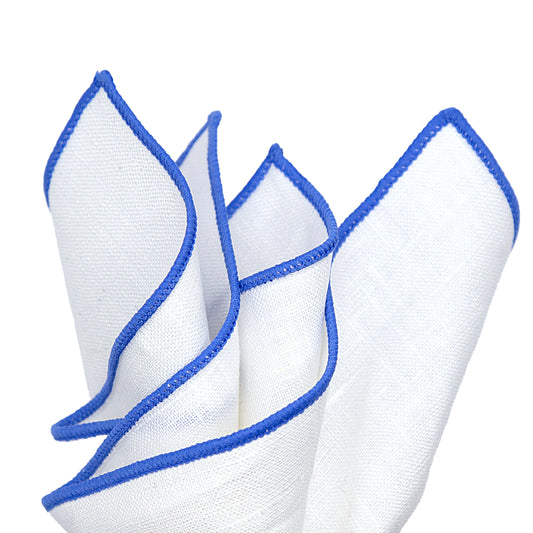 White/Blue Luxury Coloured Border Pure Linen Weave Pocket Square