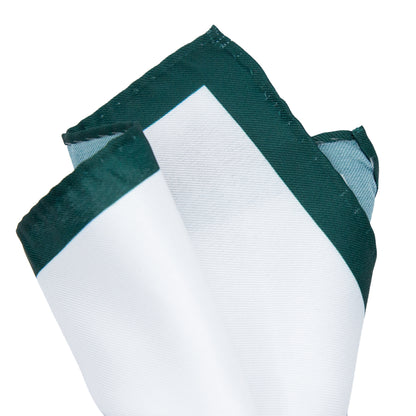 White/Dark Green Luxury Satin Weave Coloured Border Pocket Square