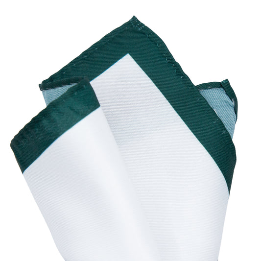 White/Dark Green Luxury Satin Weave Coloured Border Pocket Square