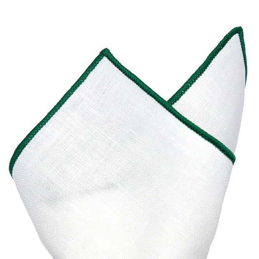 White/Dark Green Luxury Coloured Border Pure Linen Weave Pocket Square