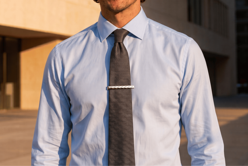 Business man wearing a light blue dress shirt, and a dark gray tie with a silver tie bar, standing outdoors in front of a beige stone building.